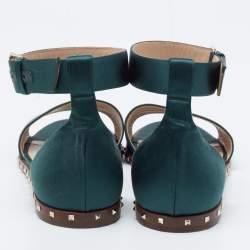 Pre Owned Valentino Dark Green Satin Soul Rockstud Ankle-Strap Flat Sandals Size 40