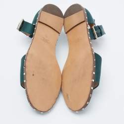 Pre Owned Valentino Dark Green Satin Soul Rockstud Ankle-Strap Flat Sandals Size 40