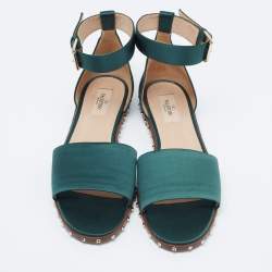 Pre Owned Valentino Dark Green Satin Soul Rockstud Ankle-Strap Flat Sandals Size 40