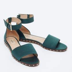 Pre Owned Valentino Dark Green Satin Soul Rockstud Ankle-Strap Flat Sandals Size 40