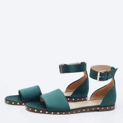 Pre Owned Valentino Dark Green Satin Soul Rockstud Ankle-Strap Flat Sandals Size 40