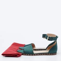 Pre Owned Valentino Dark Green Satin Soul Rockstud Ankle-Strap Flat Sandals Size 40