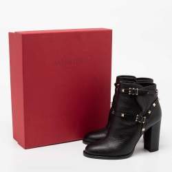 Pre Owned Valentino Black Leather Rockstud Block Heel Ankle Length Boots Size 38