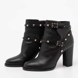 Pre Owned Valentino Black Leather Rockstud Block Heel Ankle Length Boots Size 38