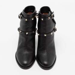 Pre Owned Valentino Black Leather Rockstud Block Heel Ankle Length Boots Size 38