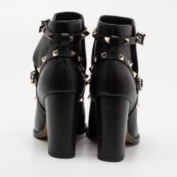 Pre Owned Valentino Black Leather Rockstud Block Heel Ankle Length Boots Size 38