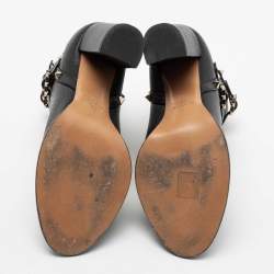 Pre Owned Valentino Black Leather Rockstud Block Heel Ankle Length Boots Size 38