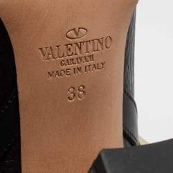 Pre Owned Valentino Black Leather Rockstud Block Heel Ankle Length Boots Size 38