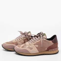 Pre Owned Valentino Pink Leather, Suede and Camouflage Canvas Rockrunner Low-Top Sneakers Size 38