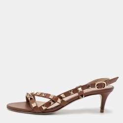 Pre Owned Valentino Brown Leather Rockstud Slingback Sandals Size 35