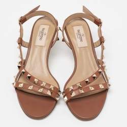 Pre Owned Valentino Brown Leather Rockstud Slingback Sandals Size 35