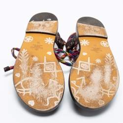 Pre Owned Valentino Brown Leather And Multicolor Cord Flat Gladiator Sandals Size 35