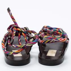Pre Owned Valentino Brown Leather And Multicolor Cord Flat Gladiator Sandals Size 35