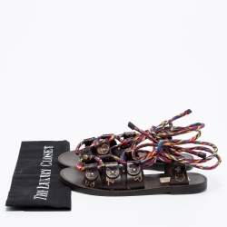 Pre Owned Valentino Brown Leather And Multicolor Cord Flat Gladiator Sandals Size 35