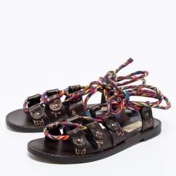 Pre Owned Valentino Brown Leather And Multicolor Cord Flat Gladiator Sandals Size 35