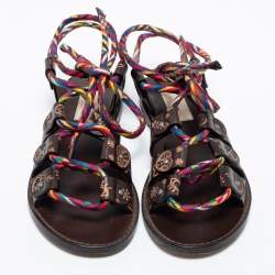 Pre Owned Valentino Brown Leather And Multicolor Cord Flat Gladiator Sandals Size 35