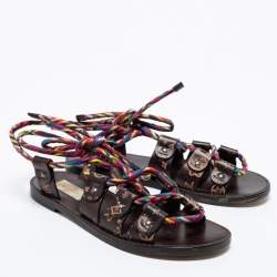 Pre Owned Valentino Brown Leather And Multicolor Cord Flat Gladiator Sandals Size 35