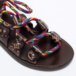 Pre Owned Valentino Brown Leather And Multicolor Cord Flat Gladiator Sandals Size 35