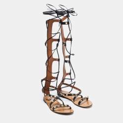 Pre Owned Valentino Black Leather Knee High Rockstud Gladiator Flats Size 35