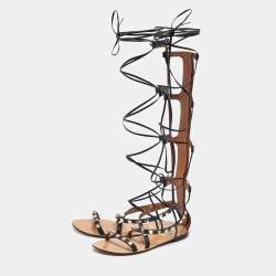 Pre Owned Valentino Black Leather Knee High Rockstud Gladiator Flats Size 35