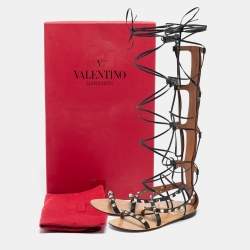 Pre Owned Valentino Black Leather Knee High Rockstud Gladiator Flats Size 35