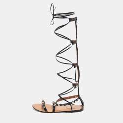 Pre Owned Valentino Black Leather Knee High Rockstud Gladiator Flats Size 35