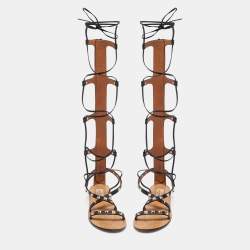 Pre Owned Valentino Black Leather Knee High Rockstud Gladiator Flats Size 35