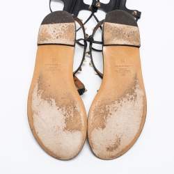 Pre Owned Valentino Black Leather Knee High Rockstud Gladiator Flats Size 35