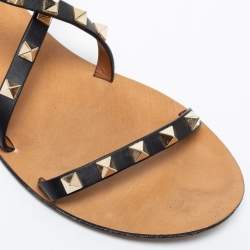 Pre Owned Valentino Black Leather Knee High Rockstud Gladiator Flats Size 35