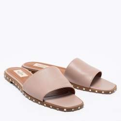 Pre Owned Valentino Pale Pink Leather Rockstud Flat Slide Sandals Size 39
