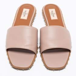 Pre Owned Valentino Pale Pink Leather Rockstud Flat Slide Sandals Size 39