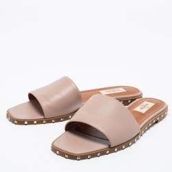 Pre Owned Valentino Pale Pink Leather Rockstud Flat Slide Sandals Size 39
