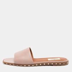 Pre Owned Valentino Pale Pink Leather Rockstud Flat Slide Sandals Size 39