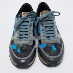 Pre Owned Valentino Multicolor Suede, Camo Print Leather and Canvas Rockrunner Low-Top Sneakers Size 39.5