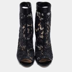 Pre Owned Valentino Black Lace Open Toe Ankle Boots Size 39