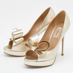 Pre Owned Valentino Metallic Gold Leather Bow Peep Toe Platform Pumps Size 36.5