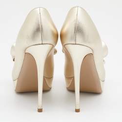 Pre Owned Valentino Metallic Gold Leather Bow Peep Toe Platform Pumps Size 36.5