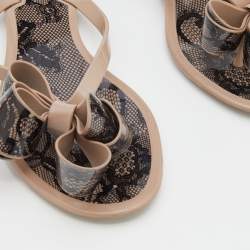 Pre Owned Valentino Beige/Black Lace Print PVC Bow Thong Sandals Size 36