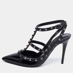 Pre Owned Valentino Black Patent and Leather Rockstud Ankle Strap Pumps Size 38.5