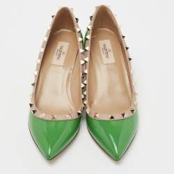 Pre Owned Valentino Green/Beige Patent And Leather Rockstud Wedge Pumps Size 38