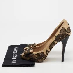 Pre Owned Valentino Beige/Black Lace and Raffia Bow Peep-To Pumps Size 41