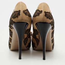 Pre Owned Valentino Beige/Black Lace and Raffia Bow Peep-To Pumps Size 41
