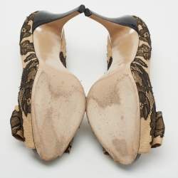 Pre Owned Valentino Beige/Black Lace and Raffia Bow Peep-To Pumps Size 41