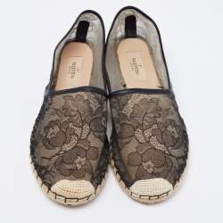 Pre Owned Valentino Black Lace And Leather Espadrille Flats Size 38