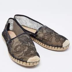 Pre Owned Valentino Black Lace And Leather Espadrille Flats Size 38