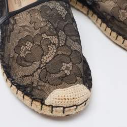 Pre Owned Valentino Black Lace And Leather Espadrille Flats Size 38