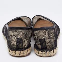 Pre Owned Valentino Black Lace And Leather Espadrille Flats Size 38