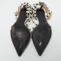 Pre Owned Valentino Black/Off-White Leather Rockstud Ankle Strap Pumps Size 37.5