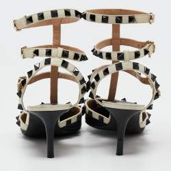 Pre Owned Valentino Black/Off-White Leather Rockstud Ankle Strap Pumps Size 37.5