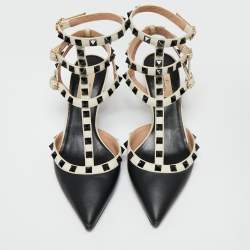 Pre Owned Valentino Black/Off-White Leather Rockstud Ankle Strap Pumps Size 37.5